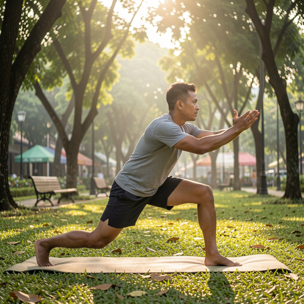 Man performing early morning stretching routine outdoors in a Jakarta park, sunlight filtering through trees, active wellness lifestyle