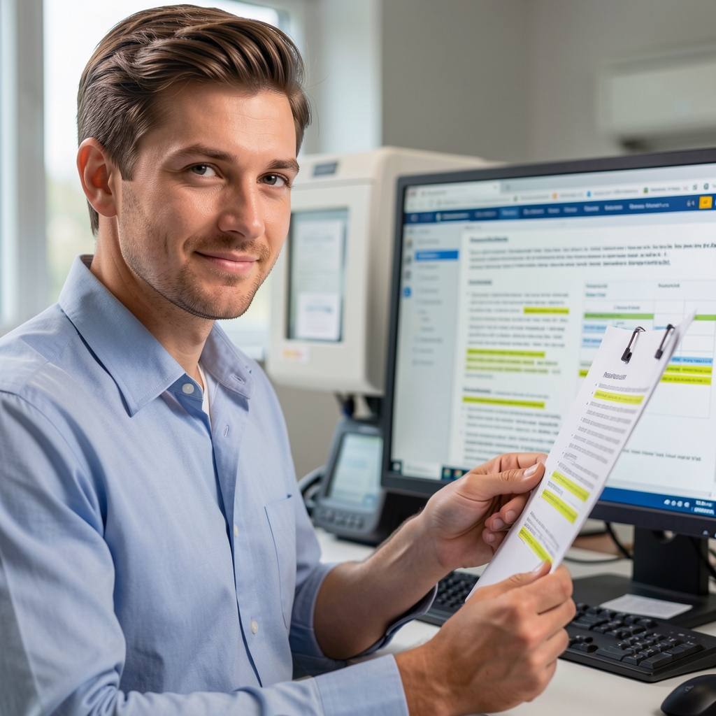 Editorial team member cross-referencing a printed research summary with highlighted passages against a digital database on screen, under studio lighting in a quality-control environment