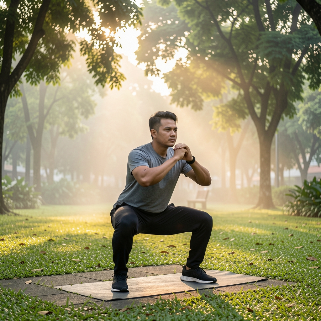 Man performing bodyweight squats in an outdoor Jakarta park at sunrise, surrounded by green trees and morning mist
