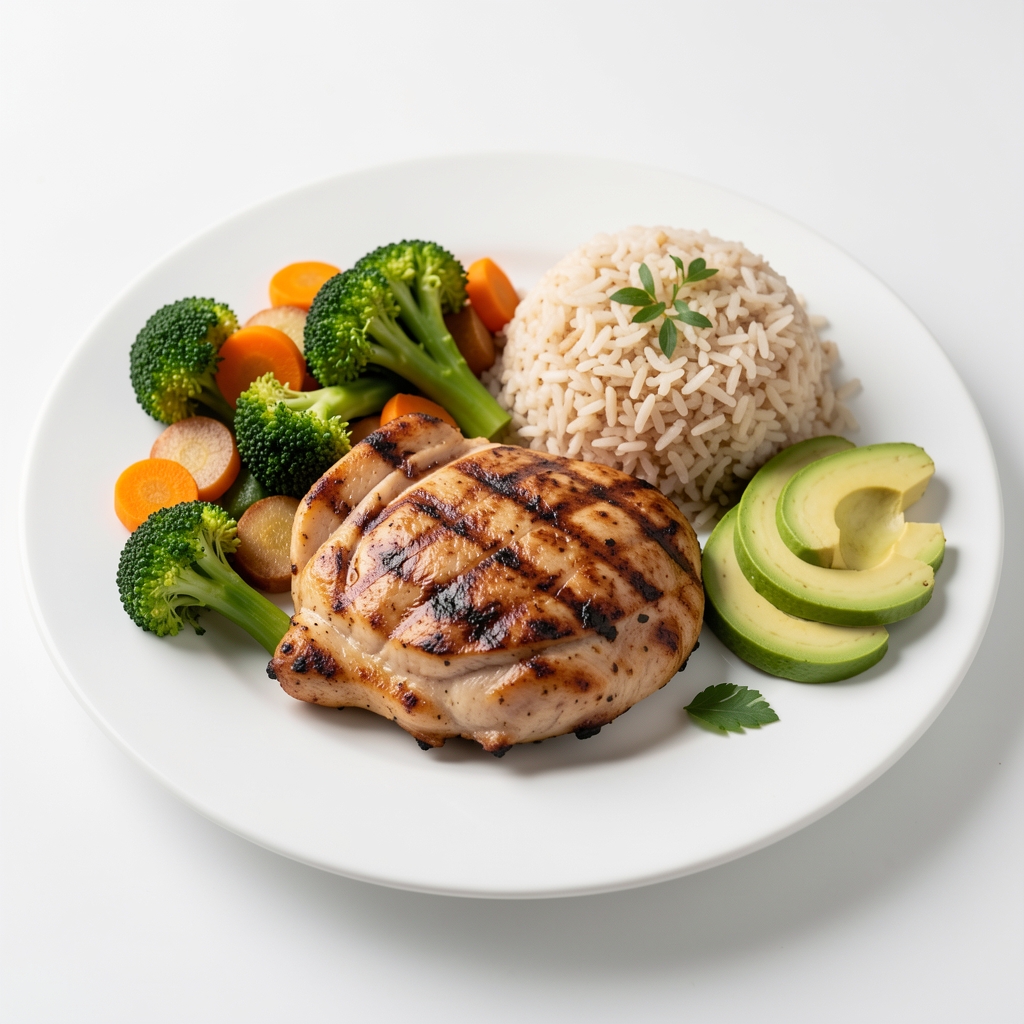 Well-composed plate of grilled chicken, steamed vegetables, brown rice and sliced avocado on a clean white surface