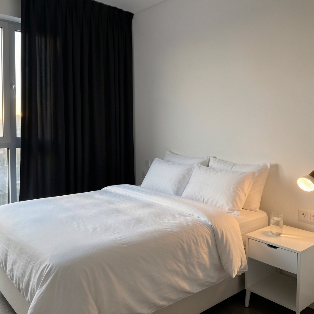 Minimalist bedroom with white linen, blackout curtains, and a small nightstand with a glass of water, ambient evening light
